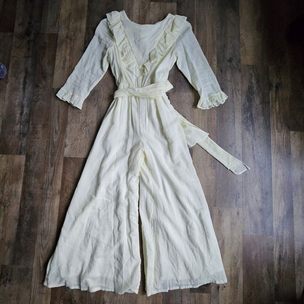 Girls Mango Yellow Gauze Ruffle V-Neck Wide-Leg Jumpsuit Size 11 Lined Belted